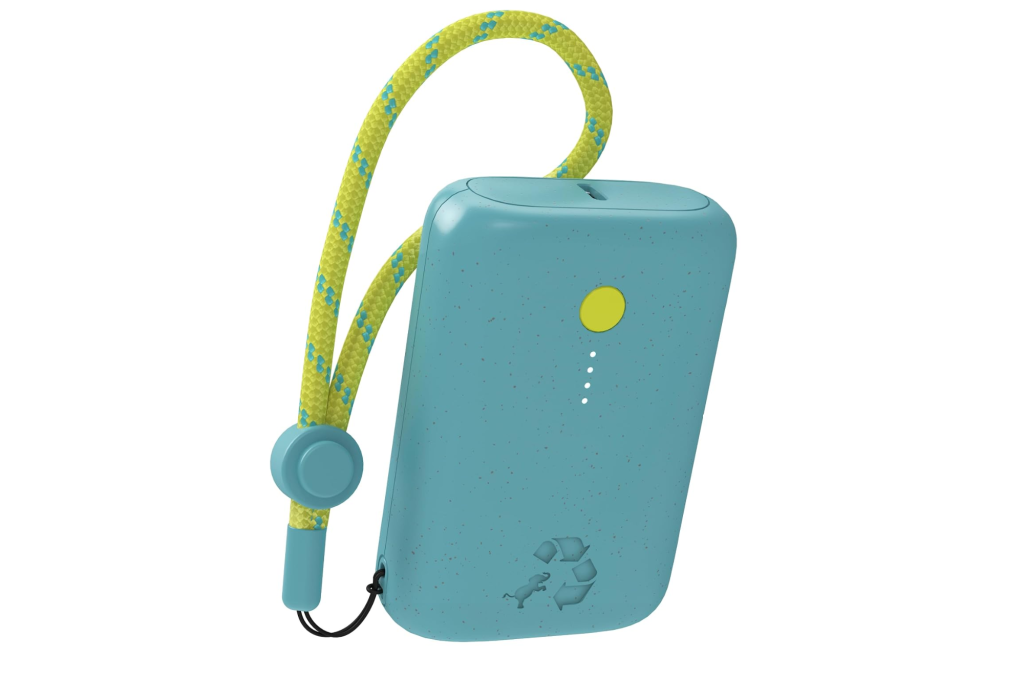 Illustration of a Nimble Champ Portable Charger in teal with a yellow and blue speckled strap.