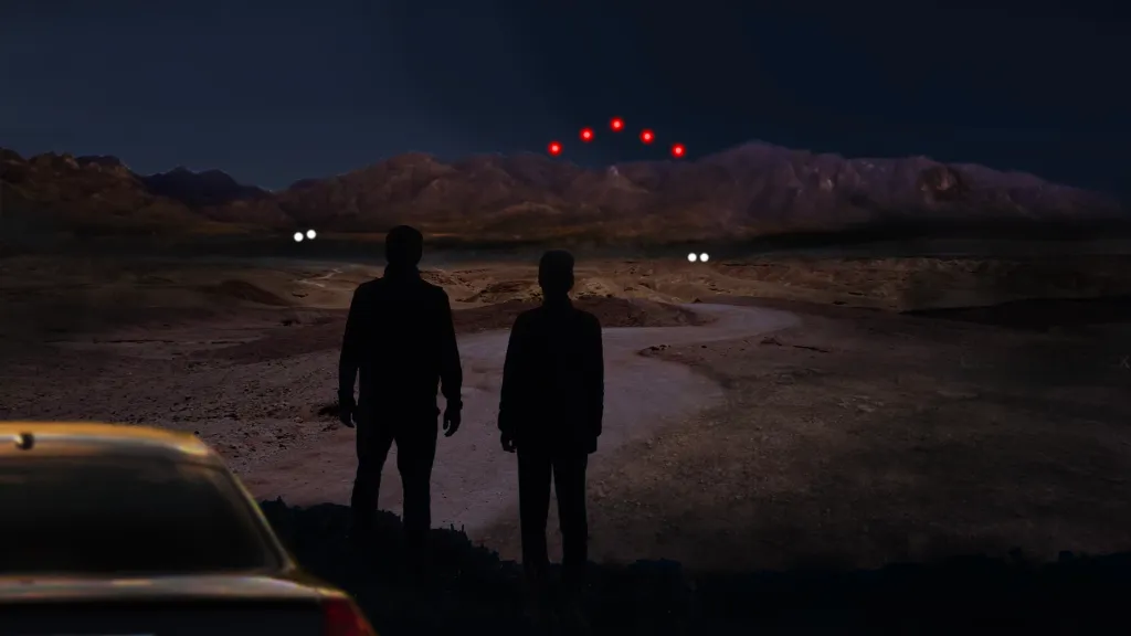 Illustration of two silhouetted figures standing on a hill in a desert landscape at night, with a car in the foreground, and red and white lights in the sky above distant mountains.