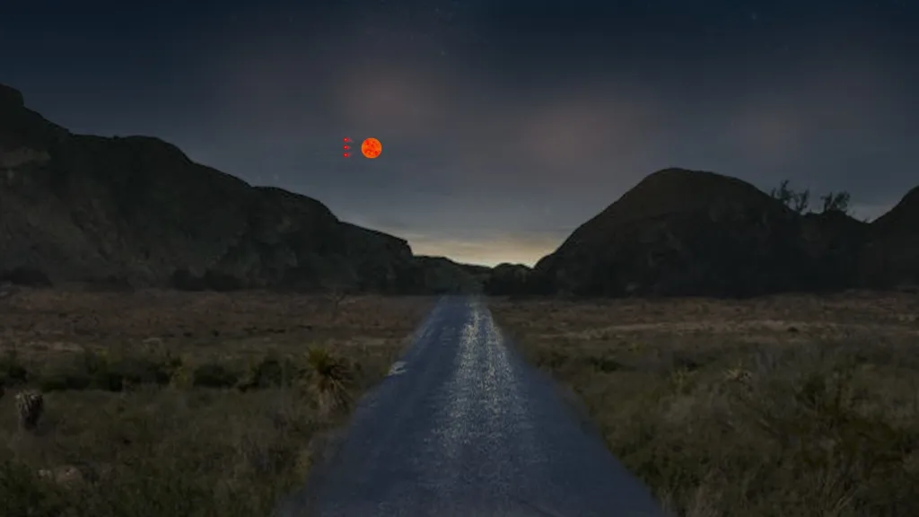 Illustration of an unidentified anomalous phenomenon (UAP) glowing red in the sky above a desolate road winding through mountains.