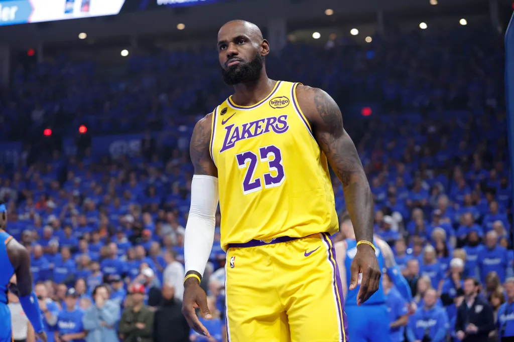 LeBron James looking out onto the court during an NBA game.