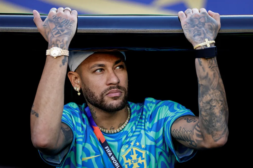 Neymar Jr. looks on before a FIFA World Cup 2026 match between Brazil and Morocco.