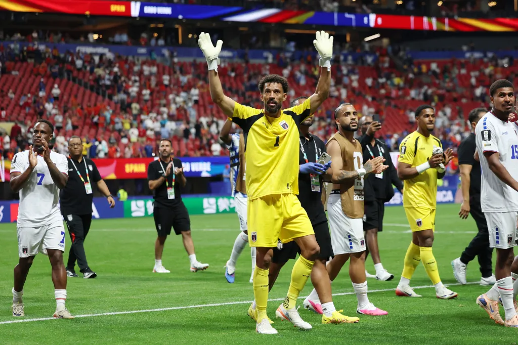 Cape Verde goalie Vozinha celebrates after his team's World Cup draw against Spain on June 15, 2026.