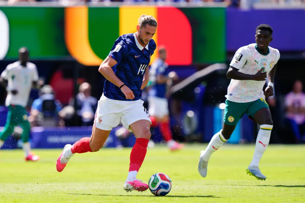 Adrien Rabiot of France dribbles the ball during a FIFA World Cup 2026 match against Senegal.