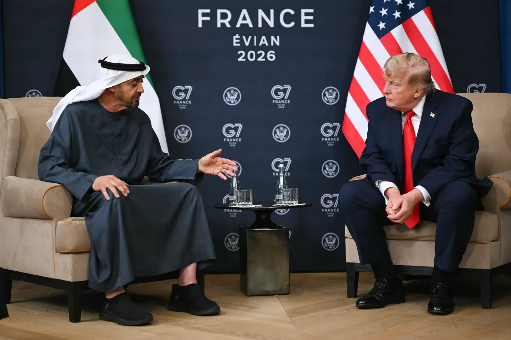 US President Donald Trump meets with UAE's President Sheikh Mohamed bin Zayed al-Nahyan during the G7 summit.
