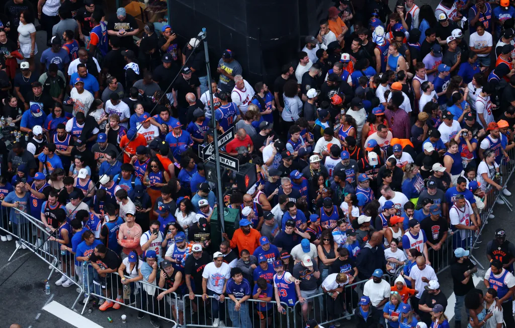 New York Knicks fans gather before a parade.