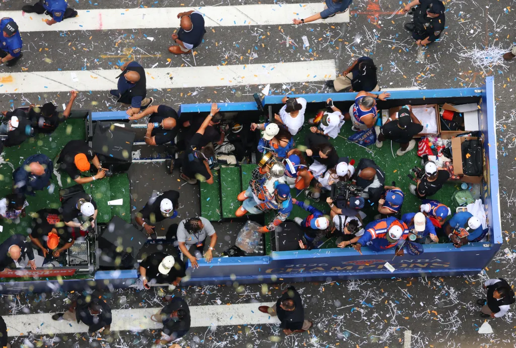 New York Knicks ticker-tape parade down Manhattan's "Canyon of Heroes" to celebrate their 2026 NBA Championship