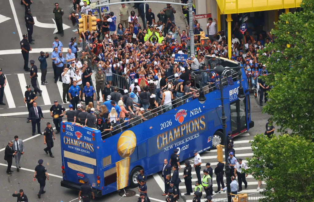 New York Knicks ticker-tape parade down Manhattan's "Canyon of Heroes" to celebrate their 2026 NBA Championship