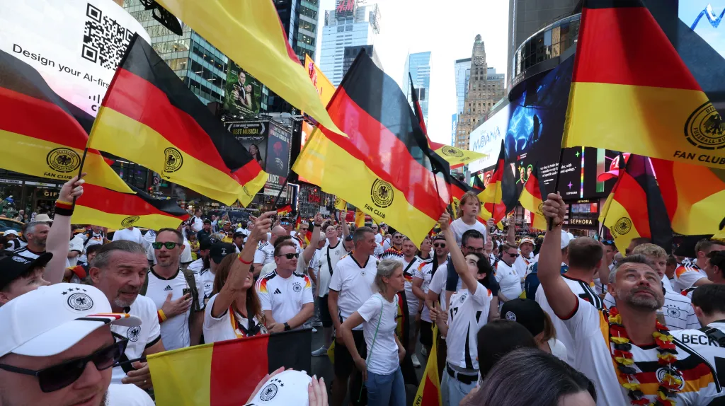 Fans of Germany rally in Times Square ahead of tomorrow's FIFA World Cup 2026 Group E match between Germany and Ecuador in New York on June 24, 2026.