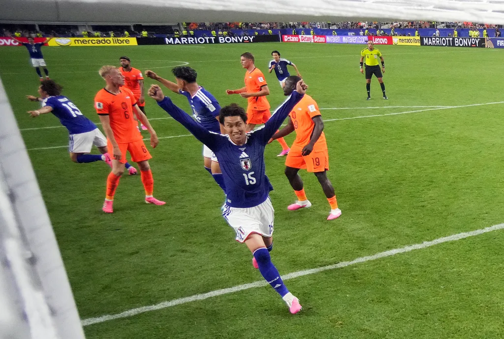 Japan's Daichi Kamada celebrates scoring their second goal against Netherlands during the FIFA World Cup 2026.