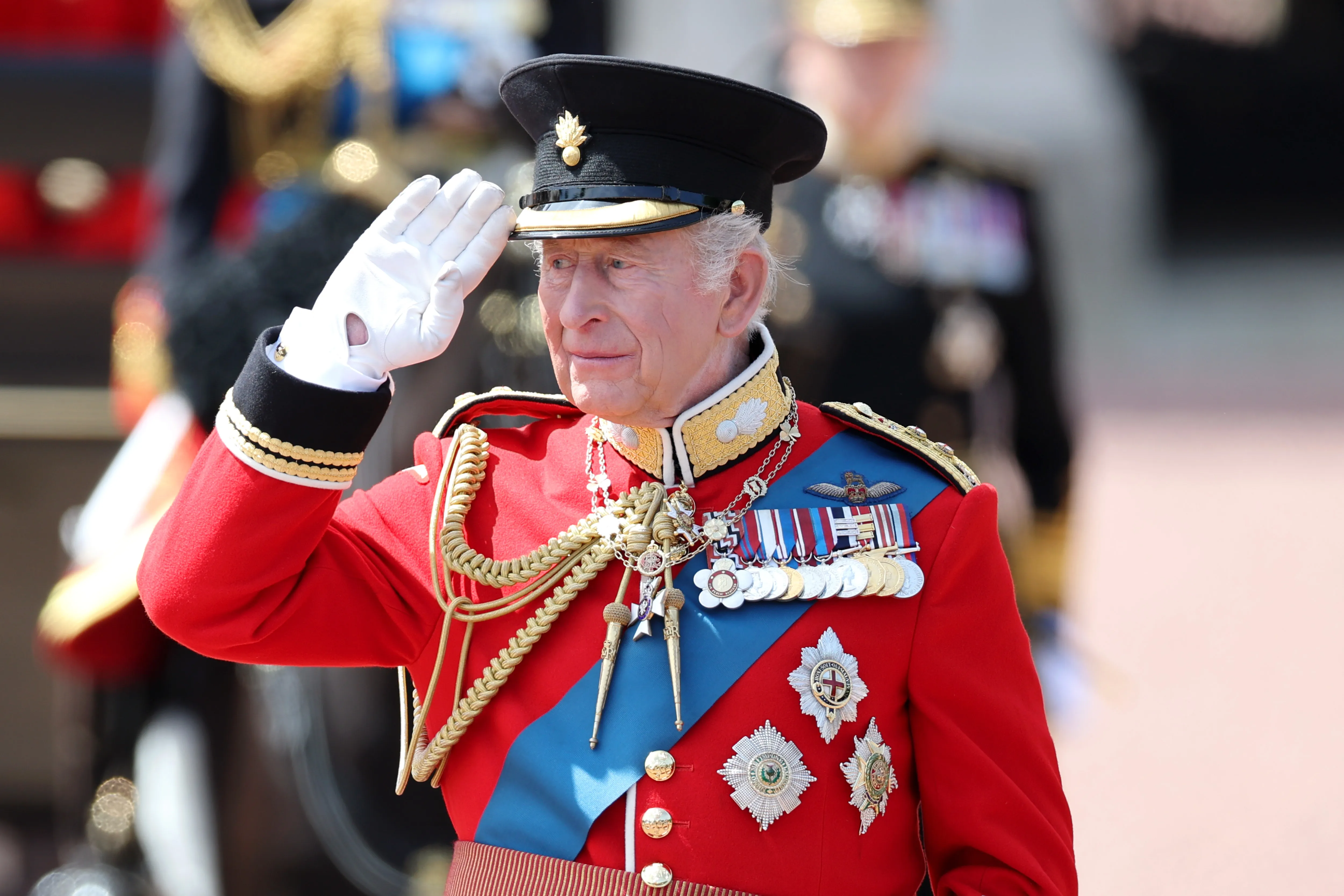 King Charles III salutes during Trooping The Colour.