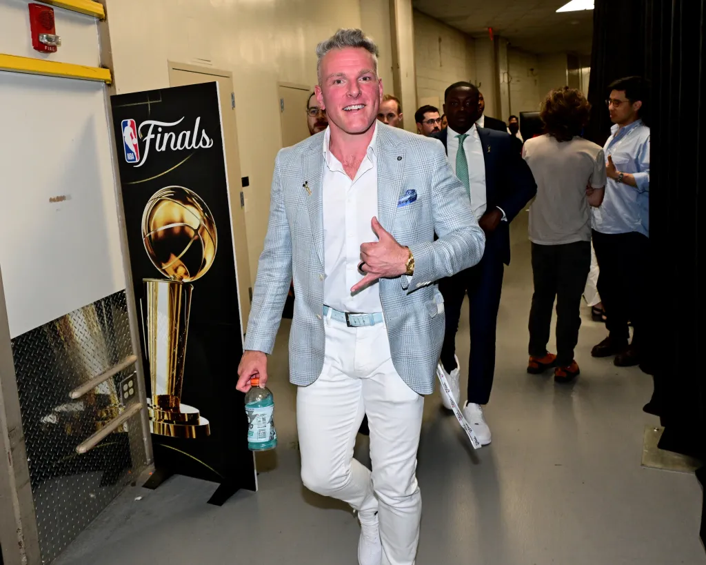 Pat McAfee smiles before Game Three of the 2026 NBA Finals.