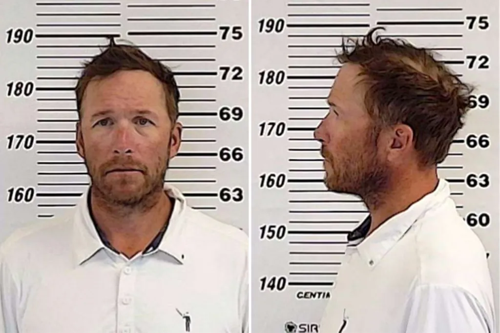 Mugshot of Bode Miller facing forward and in profile, against a height chart.