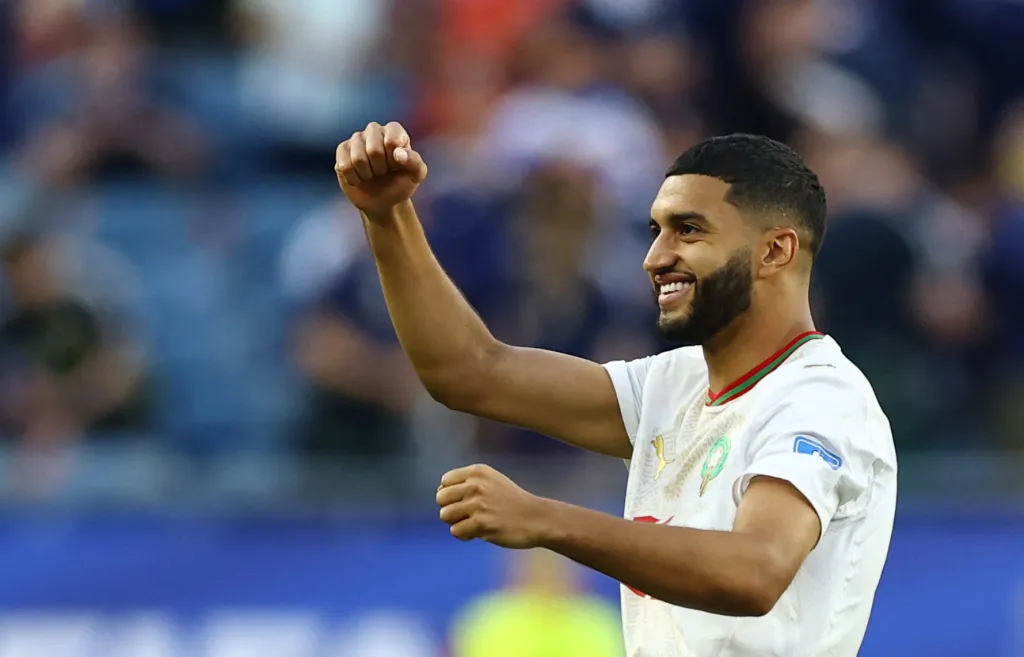 Morocco's Ismael Saibari celebrates after the match.