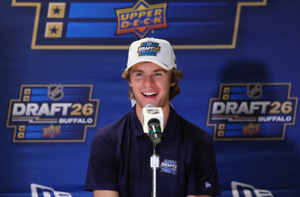Gavin McKenna attends the 2026 NHL Draft Top Prospects Media Availability.