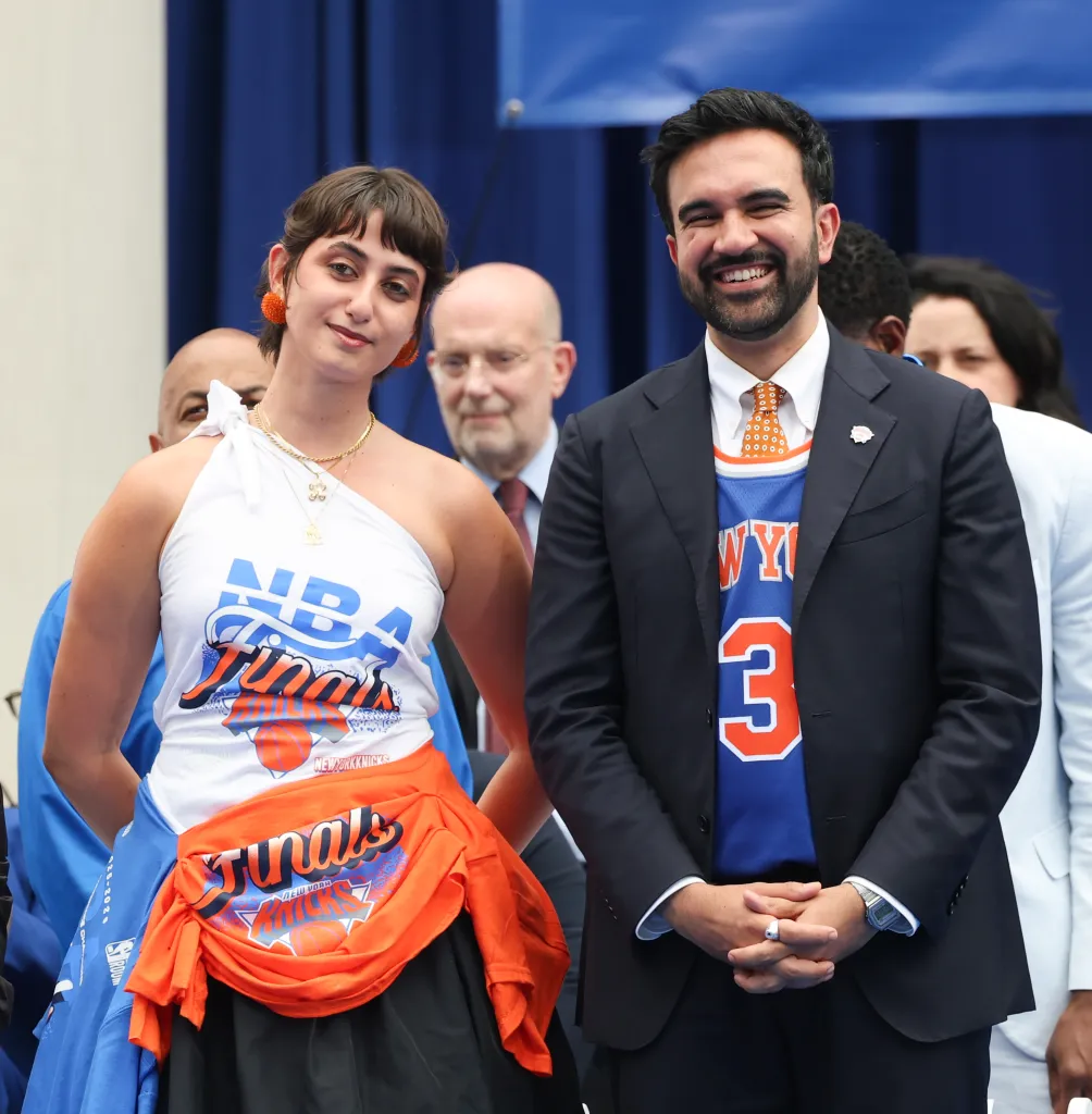 Rama Duwaji and New York City Mayor Zohran Mamdani at the New York Knicks Championship ticker tape parade.