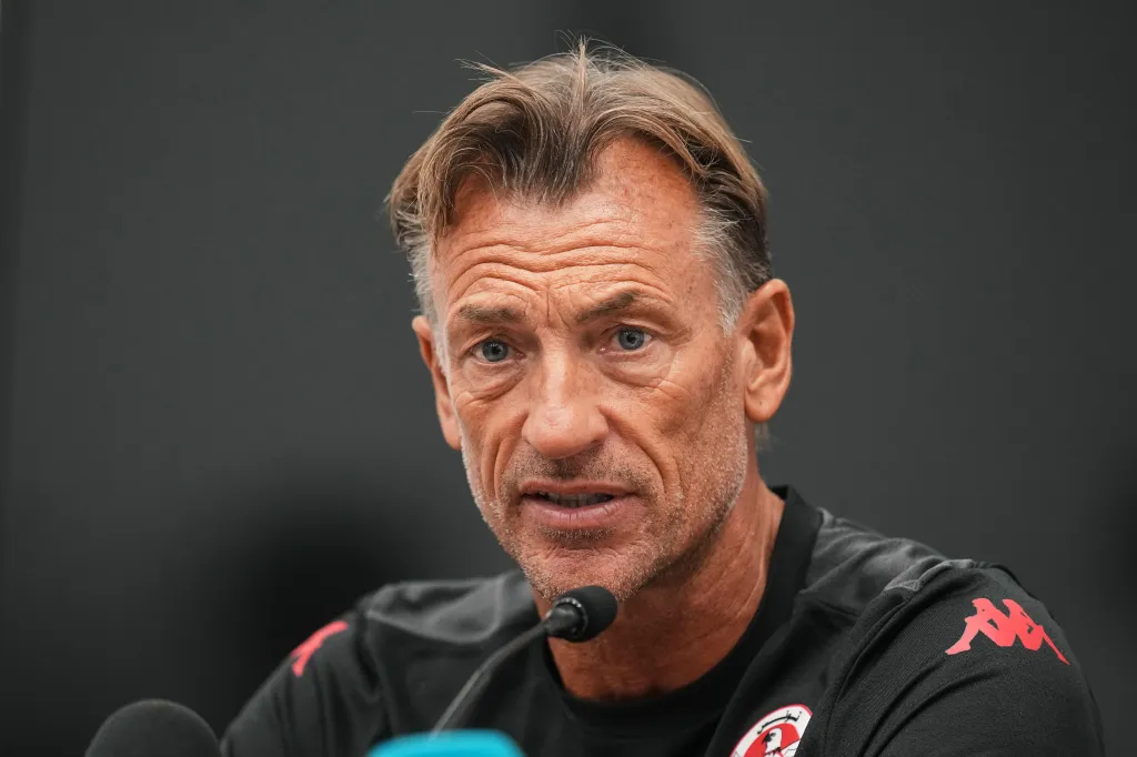 Herve Renard speaking at a news conference after being named the new coach for Tunisia's World Cup soccer team.