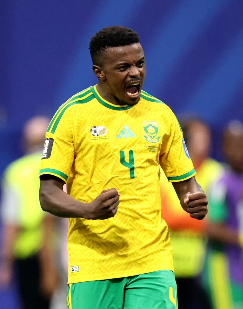 South Africa's Teboho Mokoena celebrates scoring the first goal.