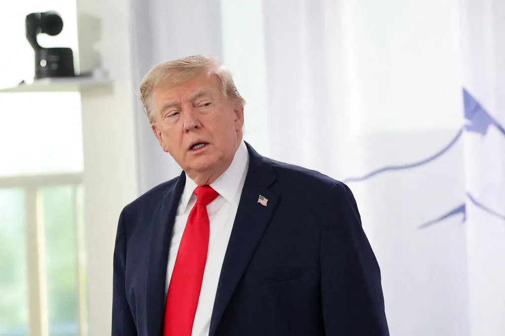 Donald Trump speaking during the G7 Summit in Évian.