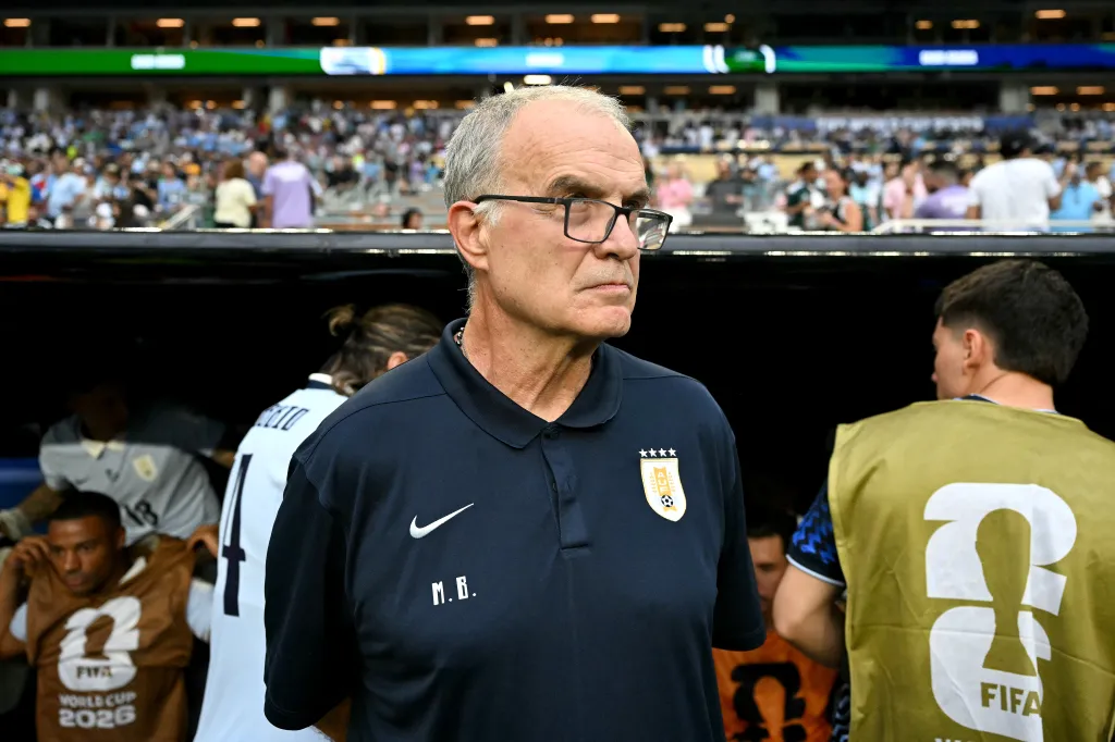 Uruguay's head coach Marcelo Bielsa watching the match.