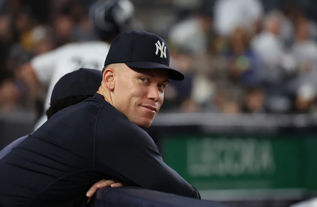 New York Yankees Aaron Judge is all smiles on the dugout fence during the 7th inning when the New York Yankees played the Chicago White Sox Tuesday, June 16, 2026 at Yankee Stadium in the Bronx, NY.