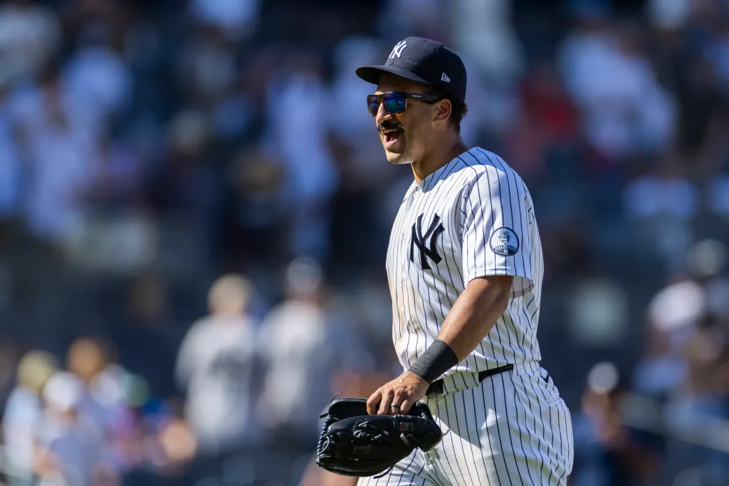 New York Yankees center fielder Trent Grisham (12) celebrates at the end of the ninth inning against the Boston Red Sox at Yankee Stadium, Sunday, June 7, 2026, in Bronx, NY.