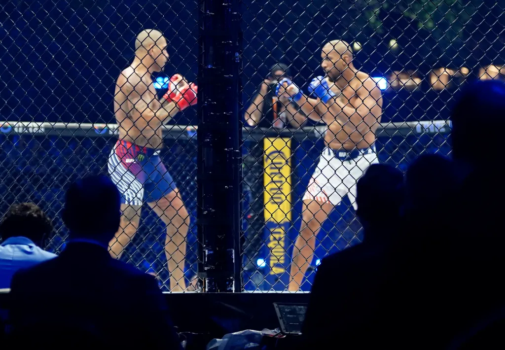 Alex Pereira fights Ciryl Gane during their interim heavyweight championship bout at UFC Freedom 250.