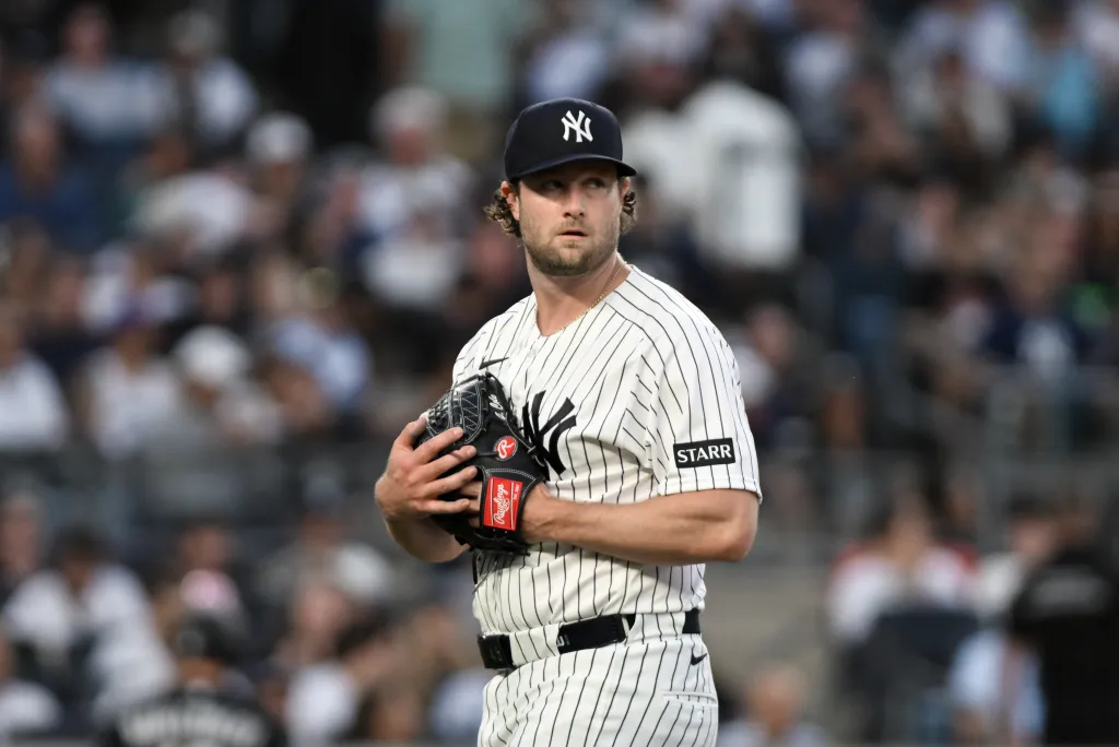 New York Yankees pitcher Gerrit Cole stands on the mound.
