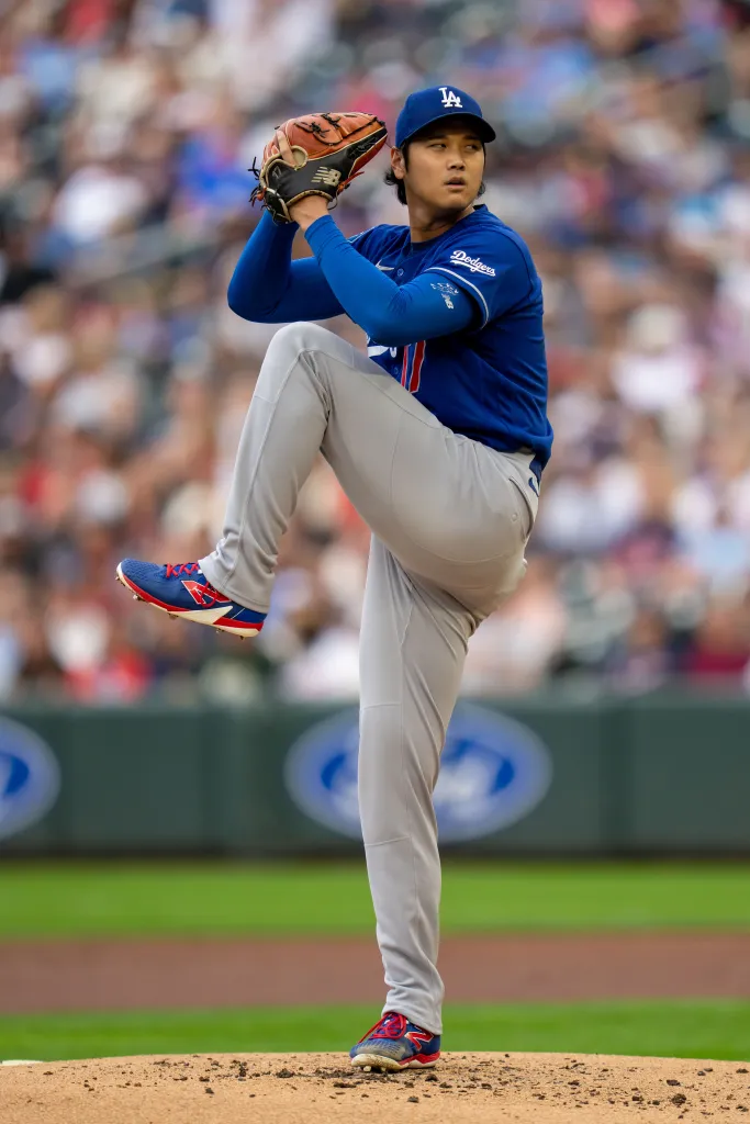 Los Angeles Dodgers pitcher Shohei Ohtani on the mound.