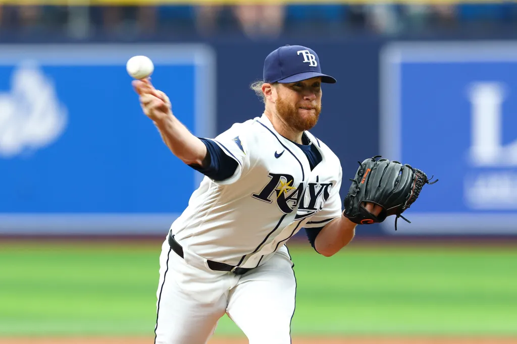 Jun 25, 2026; St. Petersburg, Florida, USA; Tampa Bay Rays pitcher Craig Kimbrel (46) throws a pitch against the Kansas City Royals in the ninth inning at Tropicana Field.