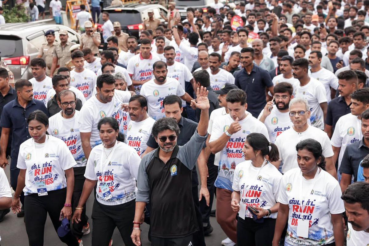 Tamil Nadu Chief Minister C. Joseph Vijay participates in the marathon organised on the occasion of International Day Against Drug Abuse and Illicit Trafficking, in Chennai on Friday