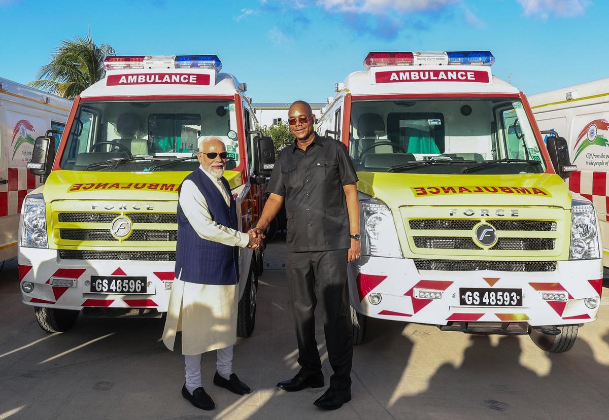 Victoria [Seychelles], Jun 27 (ANI): Prime Minister Narendra Modi and Seychelles President Patrick Herminie during the handing-over ceremony of the Fast Patrol Vessel at the Seychelles Coast Guard Base, in Victoria on Saturday. (DPR PMO/ANI Photo)