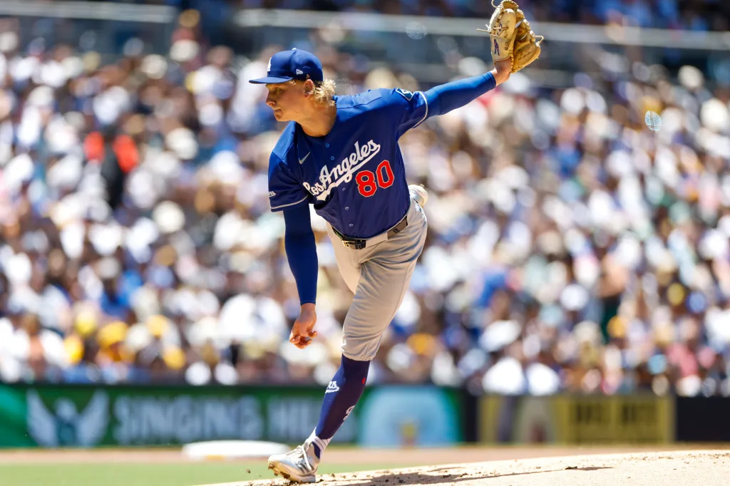 A Los Angeles Dodgers pitcher in a blue uniform with "Los Angeles" and "80" across the chest throws a pitch.