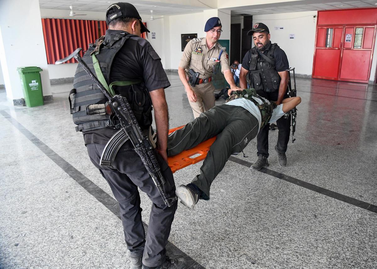 Jammu and Kashmir Police's Special Operations Group (SOG) conducts a mock drill ahead of the Amarnath Yatra 2026 at Yatri Niwas, Pantha Chowk, in Srinagar on June 30, 2026.