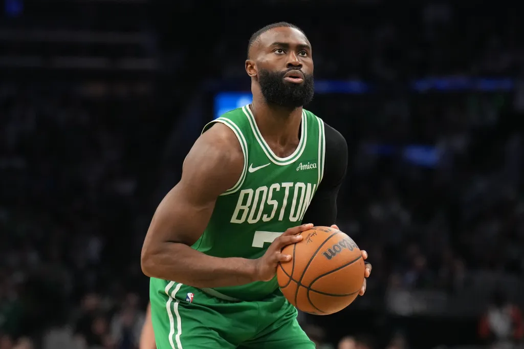 Jaylen Brown #7 of the Boston Celtics shoots a free throw during the game against the Philadelphia 76ers during Round One Game Seven of the 2026 NBA Playoffs on May 2, 2026 at TD Garden in Boston