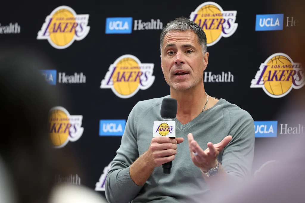 Rob Pelinka speaking at the Lakers end-of-season media availability.
