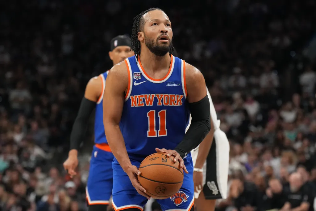 SAN ANTONIO, TX - JUNE 5: Jalen Brunson #11 of the New York Knicks shoots a free throw during the game against the San Antonio Spurs during Game Two of the 2026 NBA Finals on June 5, 2026 at Frost Bank Center in San Antonio, Texas.