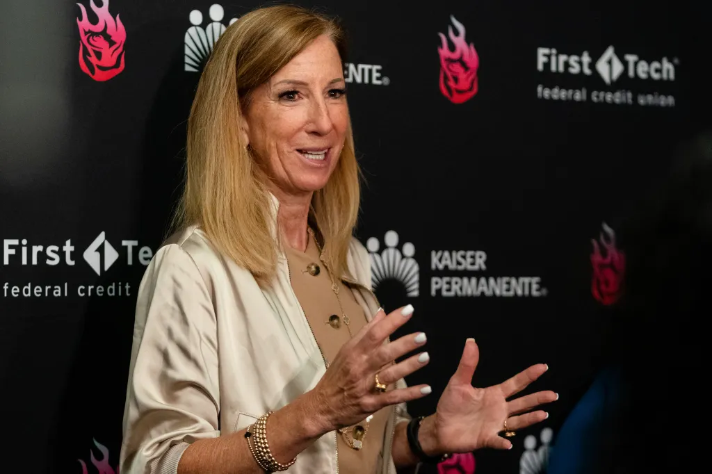 WNBA Commissioner Cathy Engelbert gives a pregame interview before a Commissioner's Cup game between the Portland Fire and the Las Vegas Aces at Moda Center on June 11, 2026 in Portland, Oregon.
