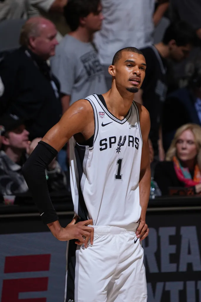 SAN ANTONIO, TX - JUNE 13: Victor Wembanyama #1 of the San Antonio Spurs looks on during the game against the New York Knicks during Game Five of the 2026 NBA Finals on June 13, 2026 at Frost Bank Center in San Antonio, Texas.