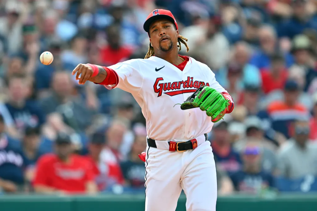 Third baseman José Ramírez #11 of the Cleveland Guardians throws out Spencer Torkelson #20 of the Detroit Tigers at first during the fourth inning at Progressive Field on June 13, 2026 in Cleveland, Ohio.