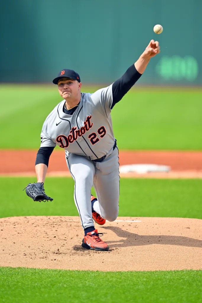 Detroit Tigers pitcher Tarik Skubal mid-pitch.