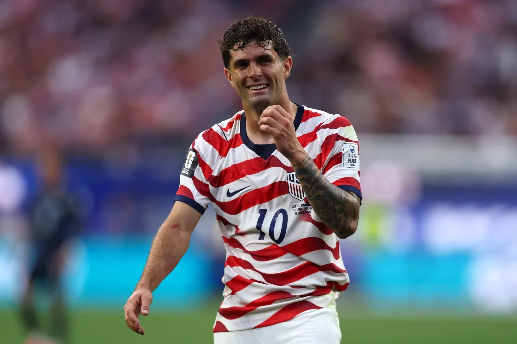 Christian Pulisic #10 of the United States in action during the FIFA World Cup 2026 Group D match between USA and Paraguay at Los Angeles Stadium on June 12, 2026 in Los Angeles, California. 