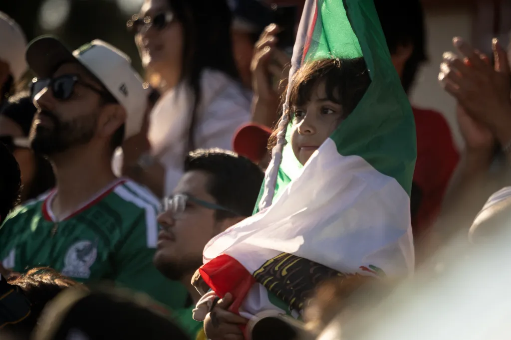 A young fan holding a Mexico flag at a World Cup event.