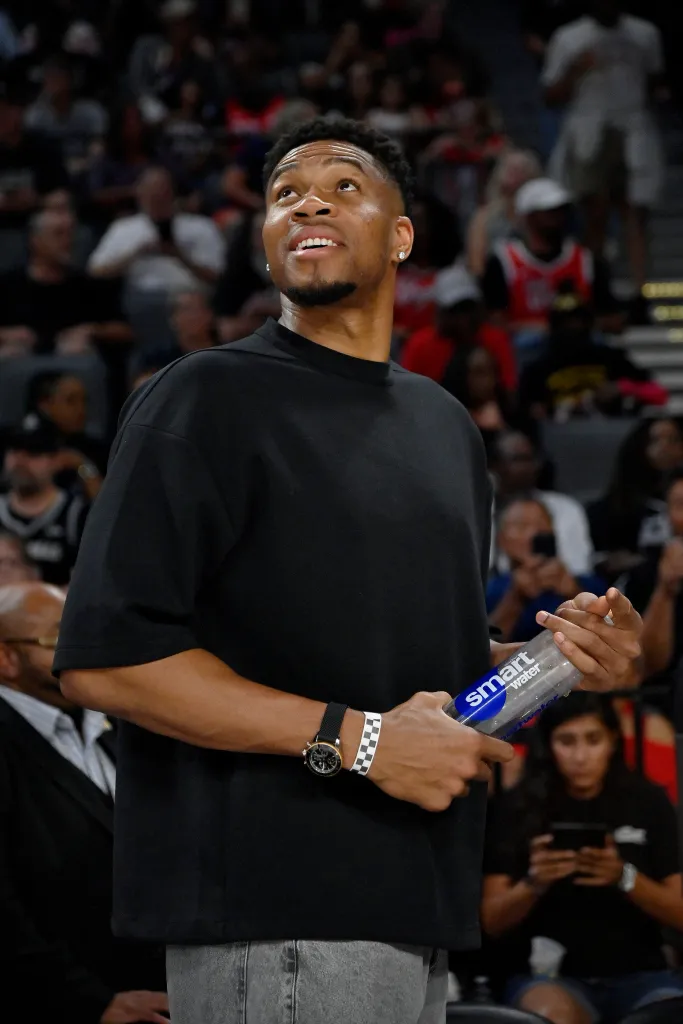 Giannis Antetokounmpo of the Miami Heat attends the game between the New York Liberty and the Las Vegas Aces on June 23, 2026 at Michelob ULTRA Arena in Las Vegas, Nevada