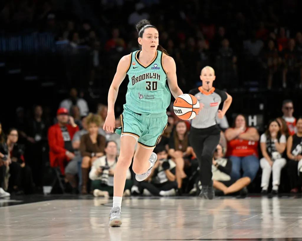 Breanna Stewart #30 of the New York Liberty handles the ball during the game against the Las Vegas Aces on June 23, 2026 at Michelob ULTRA Arena in Las Vegas, Nevada.