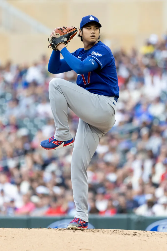 Los Angeles Dodgers pitcher Shohei Ohtani on the mound.