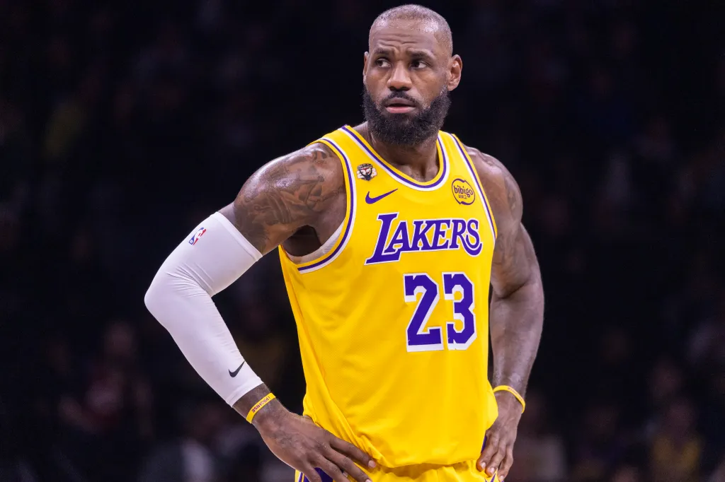 LeBron James #23 of the Los Angeles Lakers reacts on the court during the second half