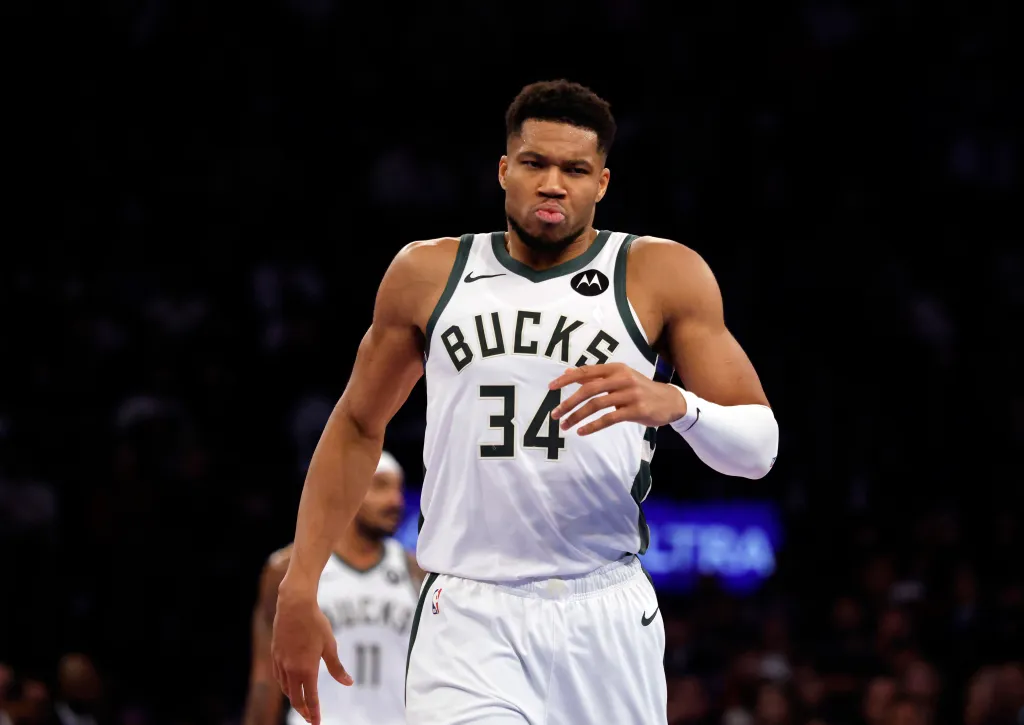Giannis Antetokounmpo #34 of the Milwaukee Bucks reacts on the court in the second half at Madison Square Garden.