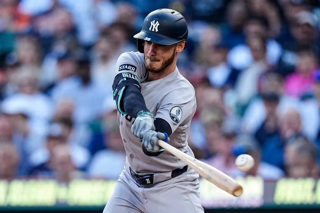 New York Yankees left fielder Cody Bellinger (35) bats against Detroit Tigers.