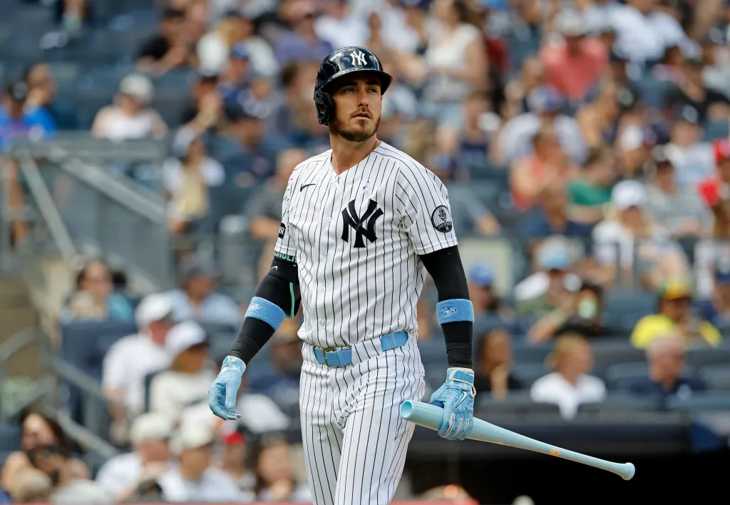 New York Yankees left fielder Cody Bellinger reacting after striking out during the 5th inning against the Cincinnati Reds.
