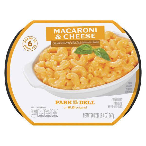Park Street Deli Macaroni & Cheese packaging, an Aldi original, featuring a dish of macaroni and cheese.